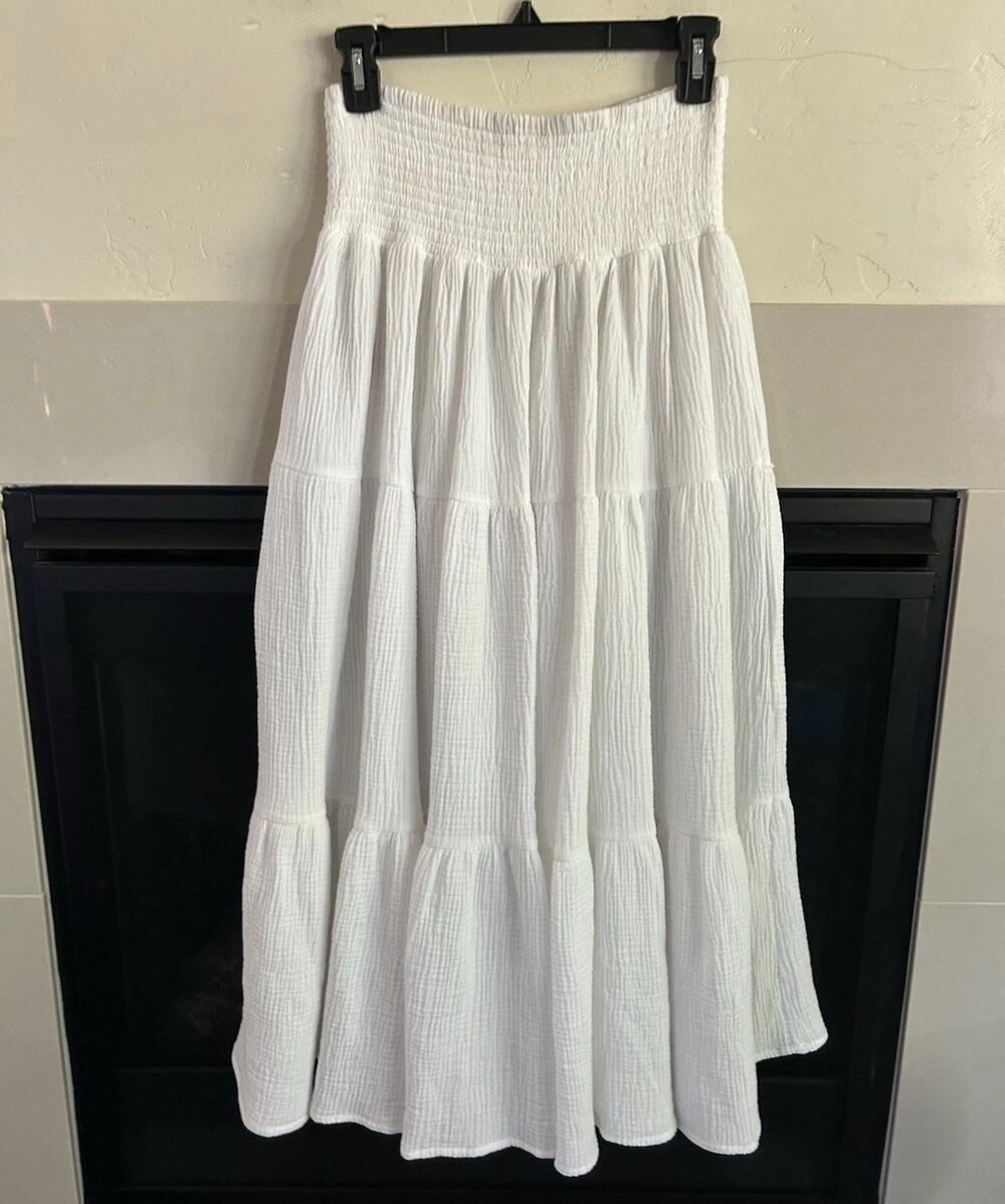 Philosophy White 100% Cotton Tiered Maxi Skirt M Smocked Waist Boho NWT